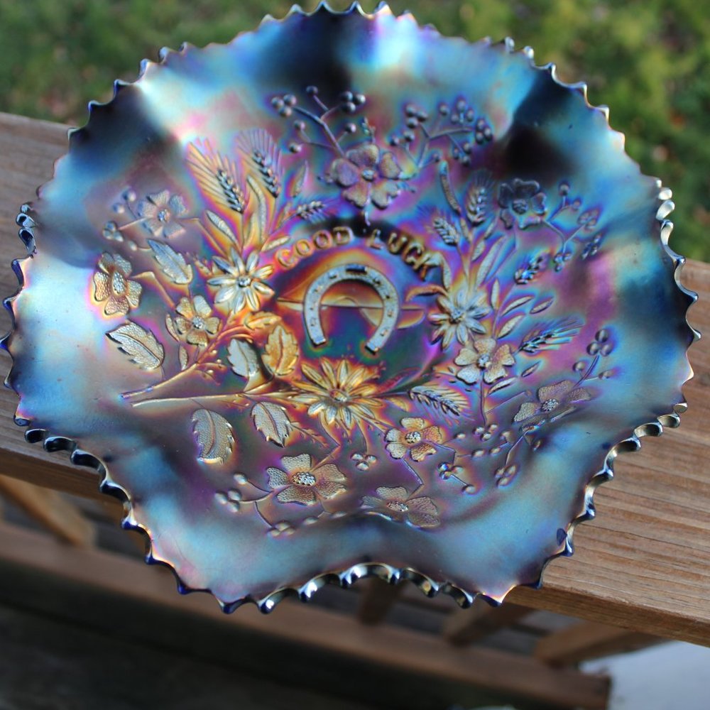 Antique Northwood GOOD LUCK Horseshoe Blue Carnival Glass 8 1/2" Fluted Bowl